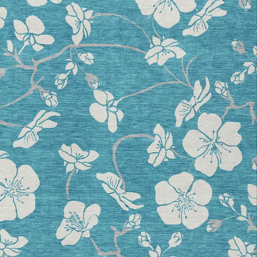 Turquoise Ivory And Gray Floral Washable Indoor Outdoor Area Rug Photo 5