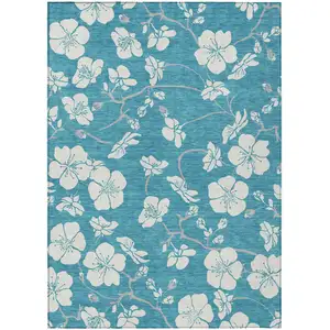 Photo of Turquoise Ivory And Gray Floral Washable Indoor Outdoor Area Rug