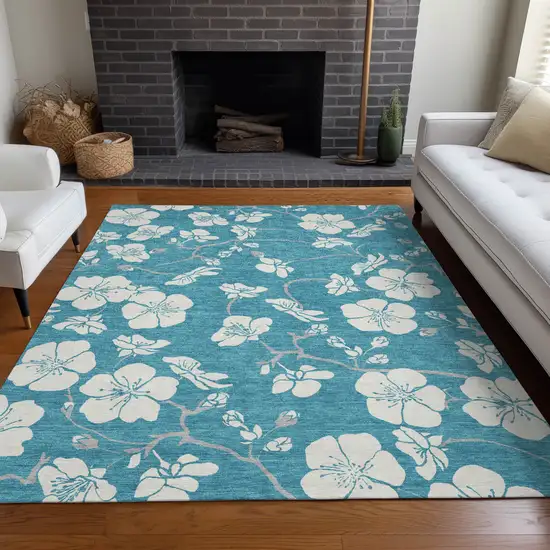 Turquoise Ivory And Gray Floral Washable Indoor Outdoor Area Rug Photo 9