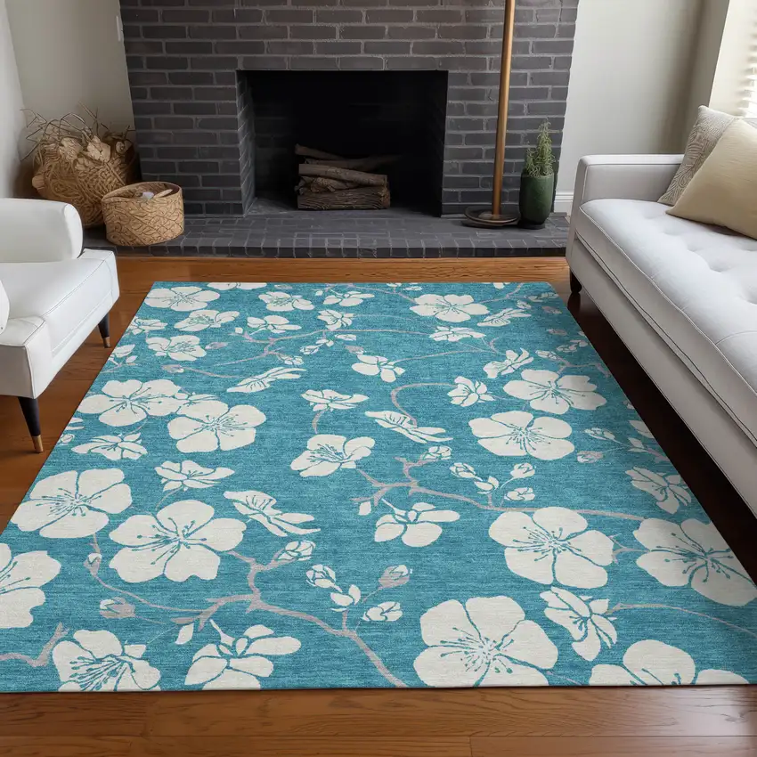 Turquoise Ivory And Gray Floral Washable Indoor Outdoor Area Rug Photo 9