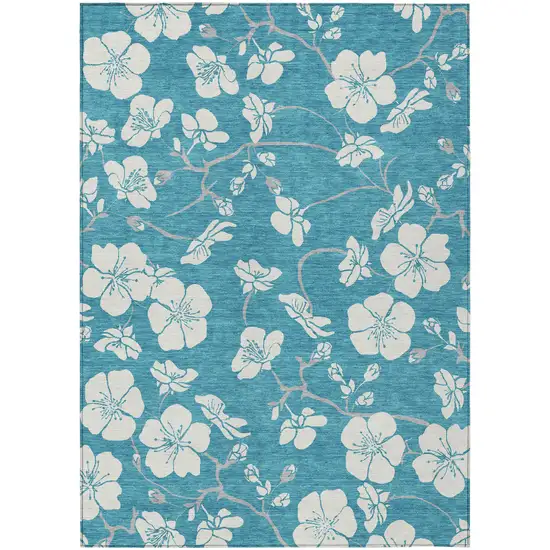 Turquoise Ivory And Gray Floral Washable Indoor Outdoor Area Rug Photo 2
