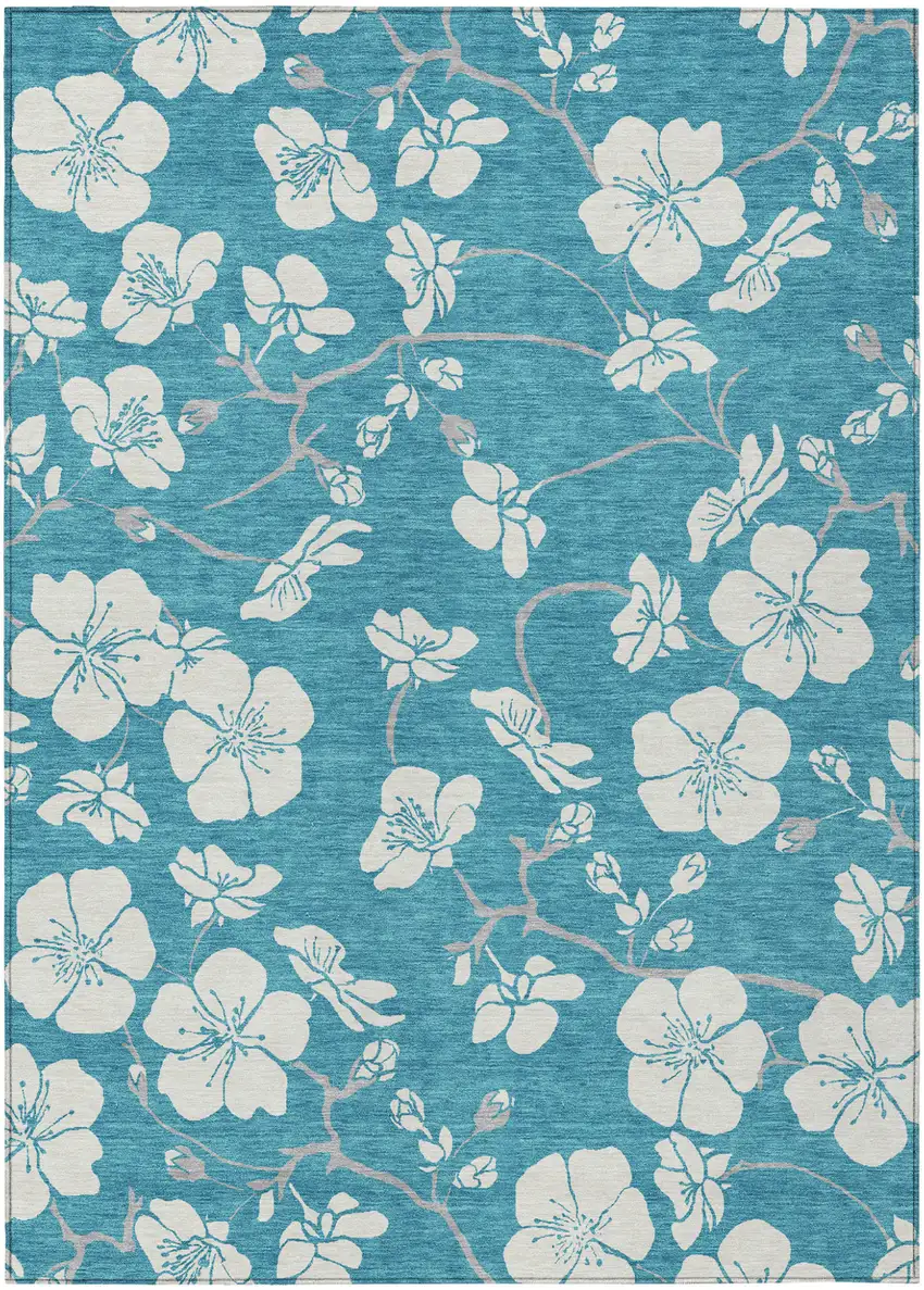 Turquoise Ivory And Gray Floral Washable Indoor Outdoor Area Rug Photo 2