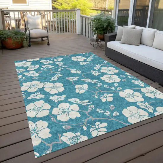 Turquoise Ivory And Gray Floral Washable Indoor Outdoor Area Rug Photo 7