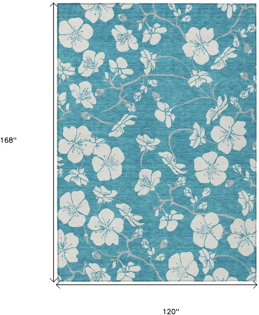 Turquoise Ivory And Gray Floral Washable Indoor Outdoor Area Rug Photo 3