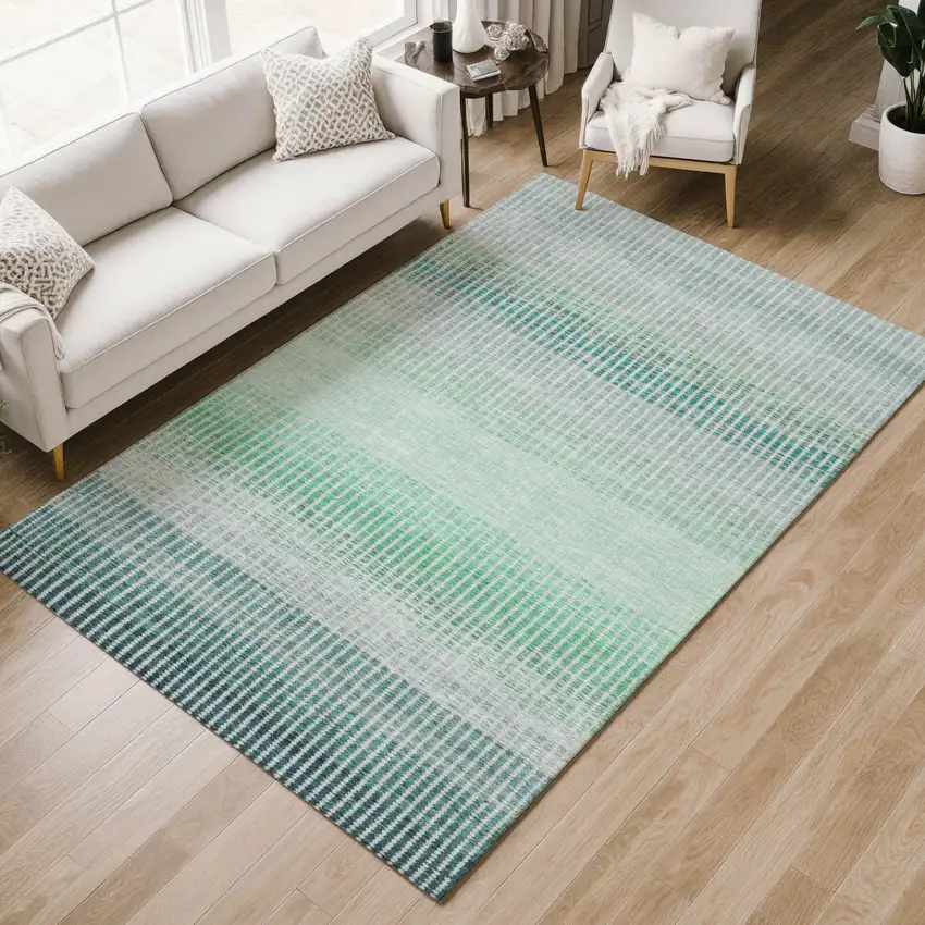 Turquoise Ivory And Gray Striped Washable Indoor Outdoor Area Rug Photo 7