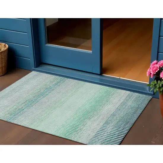 Turquoise Ivory And Gray Striped Washable Indoor Outdoor Area Rug Photo 1