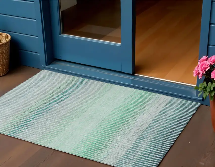 Turquoise Ivory And Gray Striped Washable Indoor Outdoor Area Rug Photo 1