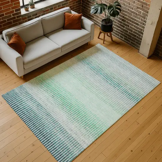 Turquoise Ivory And Gray Striped Washable Indoor Outdoor Area Rug Photo 8