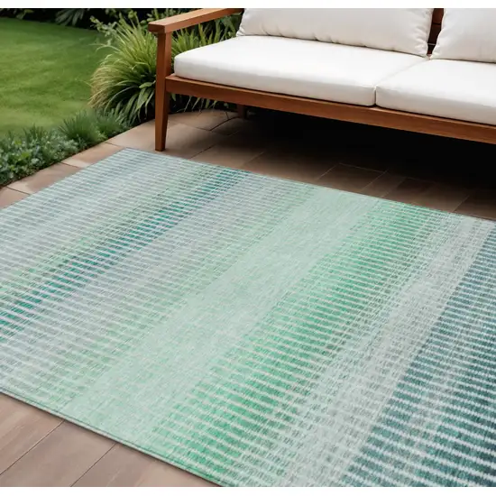 Turquoise Ivory And Gray Striped Washable Indoor Outdoor Area Rug Photo 1