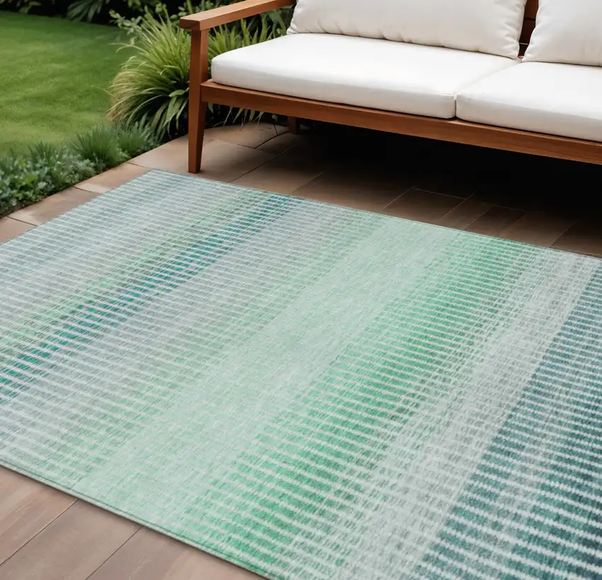 Turquoise Ivory And Gray Striped Washable Indoor Outdoor Area Rug Photo 1