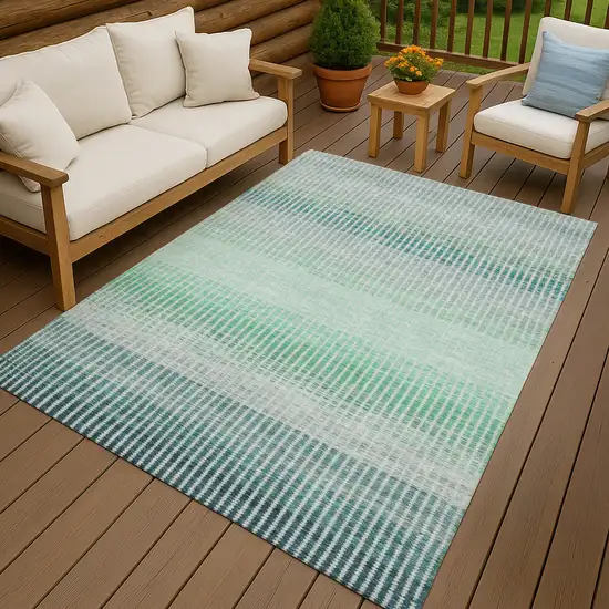 Turquoise Ivory And Gray Striped Washable Indoor Outdoor Area Rug Photo 9