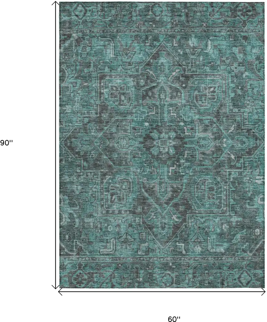 Turquoise Oriental Washable Non Skid Indoor Outdoor Area Rug Photo 3