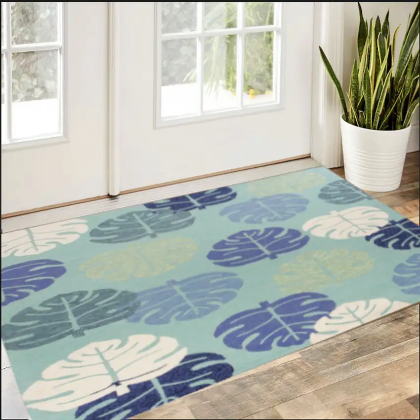 Turquoise Palm Leaves Uv Treated Area Rug Photo 1