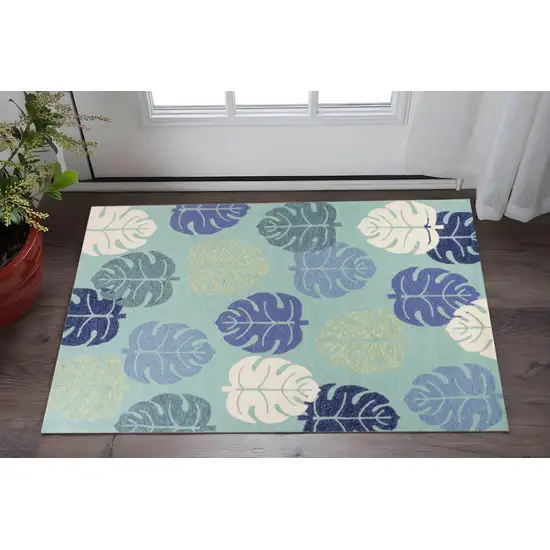 Turquoise And Ivory Botanical Leaves Hand Tufted Area Rug Photo 1