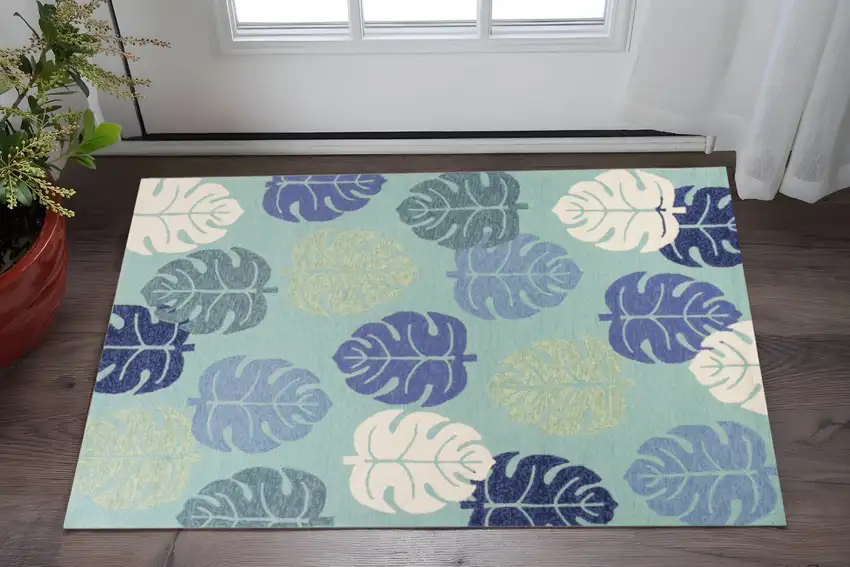 Turquoise And Ivory Botanical Leaves Hand Tufted Area Rug Photo 1