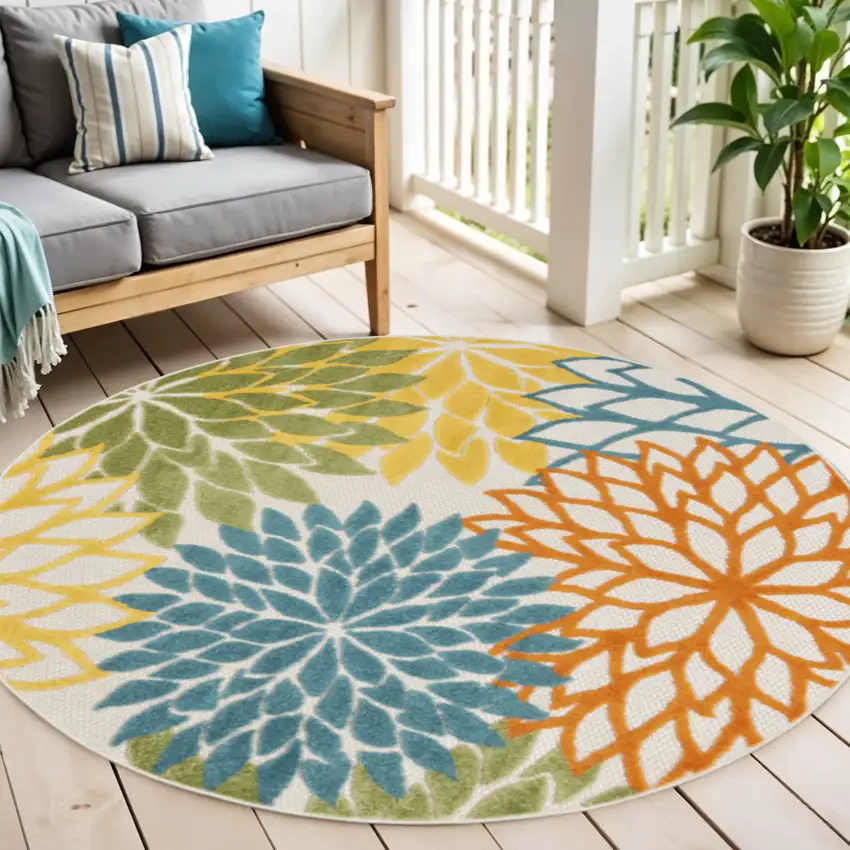 Blue And Yellow Round Indoor Outdoor Area Rug Photo 2