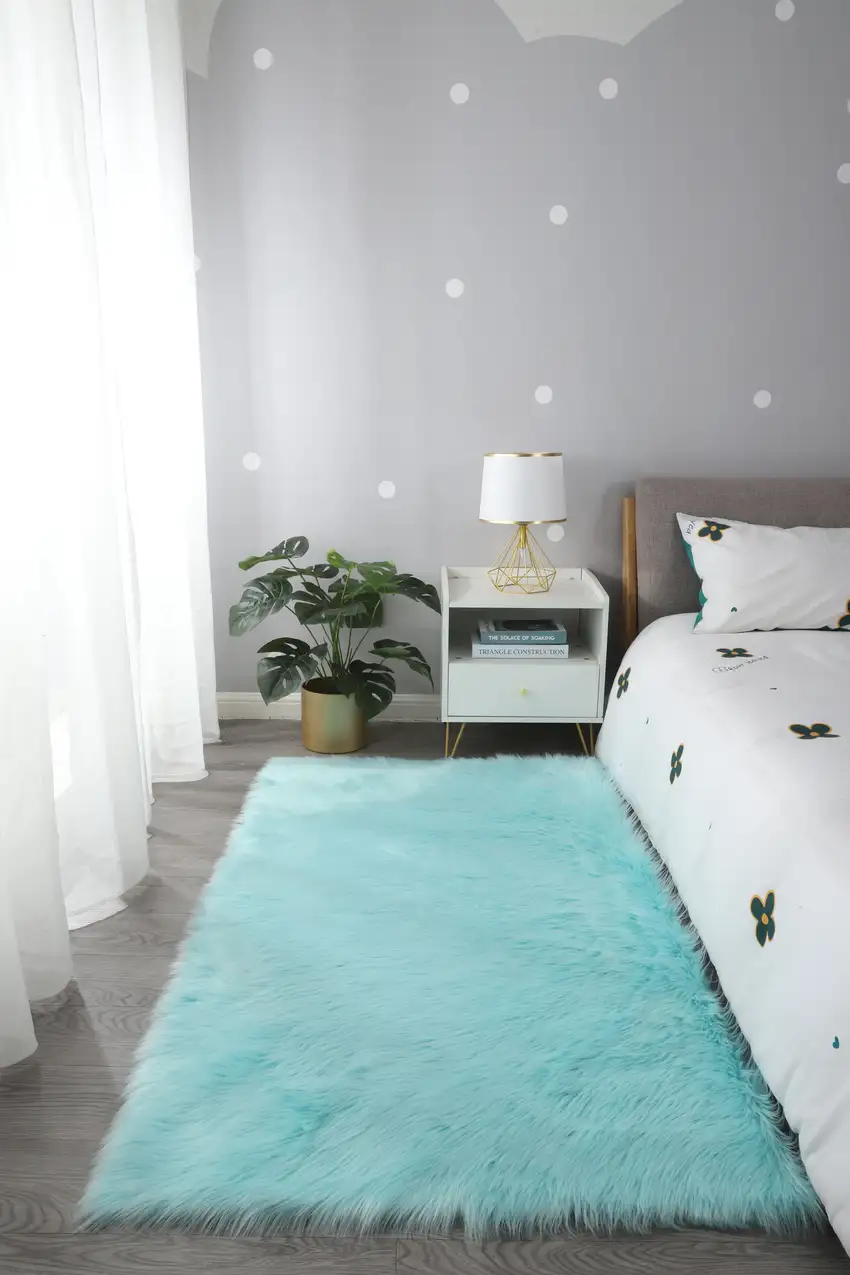 Turquoise Sheepskin Washable Area Rug With Fringe Photo 7