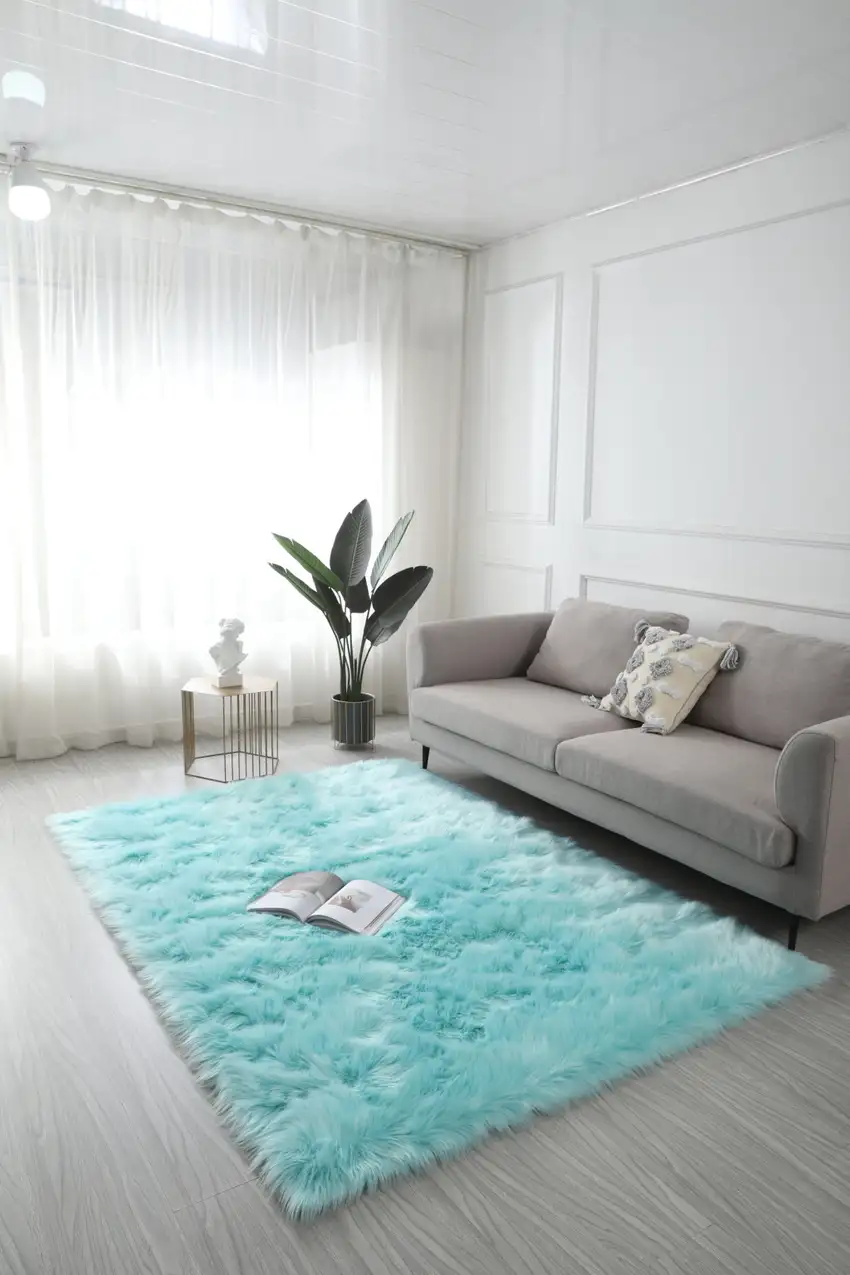 Turquoise Sheepskin Washable Area Rug With Fringe Photo 5