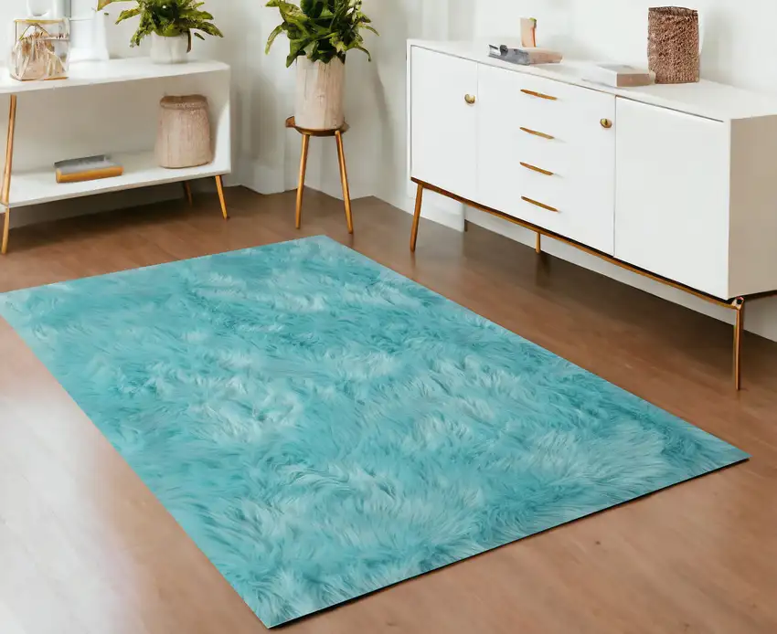 Turquoise Faux Sheepskin Shag Washable Area Rug Photo 2
