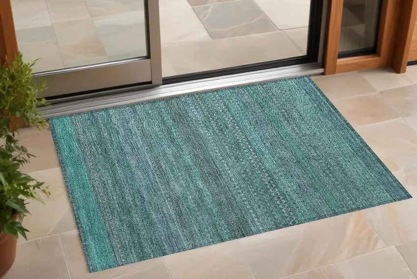 Turquoise Striped Washable Non Skid Indoor Outdoor Area Rug Photo 1