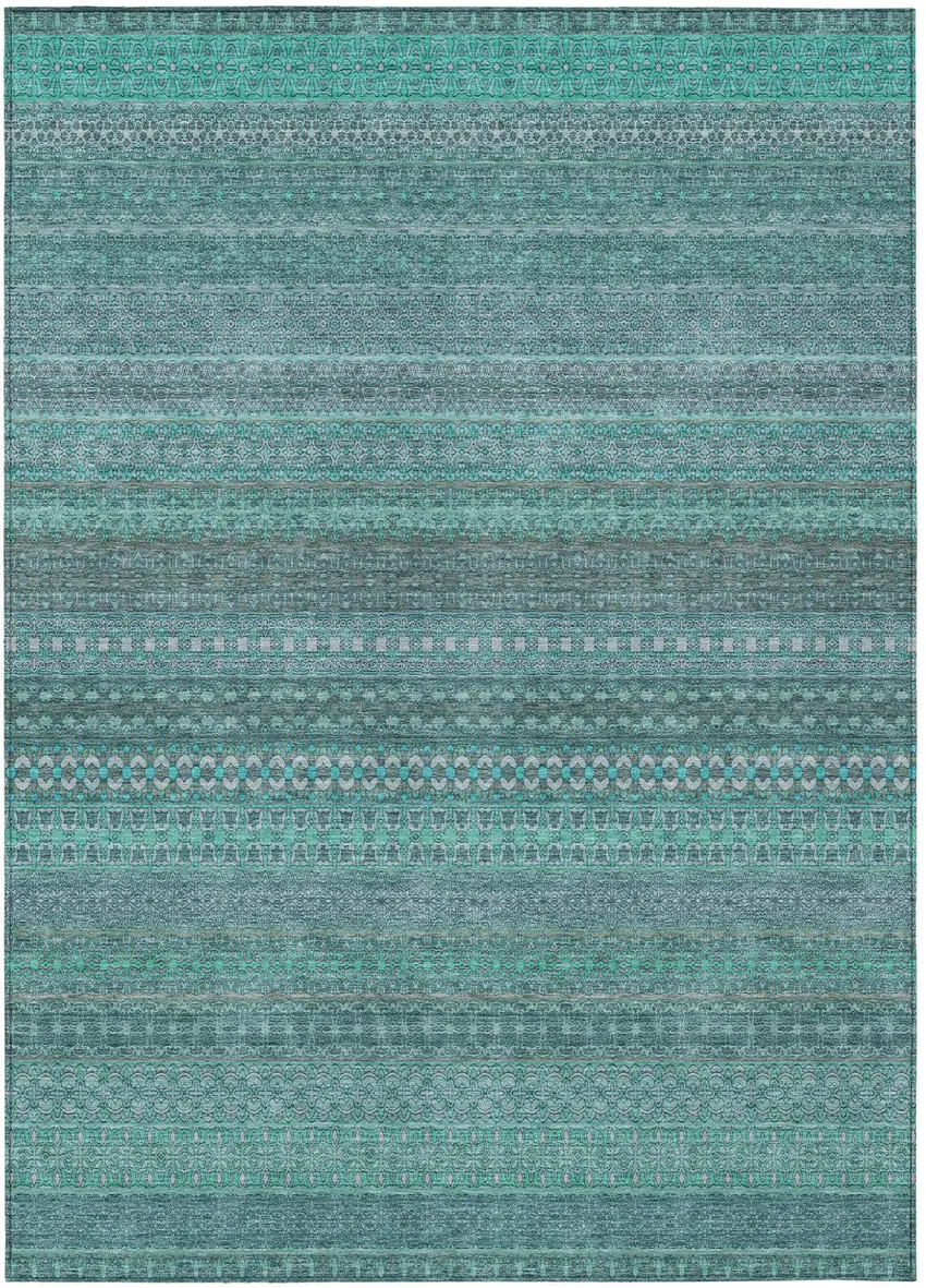 Turquoise Striped Washable Non Skid Indoor Outdoor Area Rug Photo 2