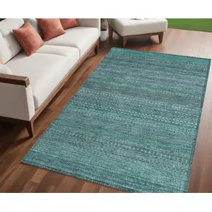 Photo of Turquoise Striped Washable Non Skid Indoor Outdoor Area Rug