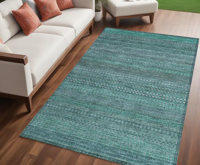 Turquoise Striped Washable Non Skid Indoor Outdoor Area Rug Photo 1