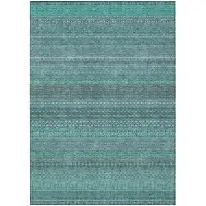 Photo of Turquoise Striped Washable Non Skid Indoor Outdoor Area Rug