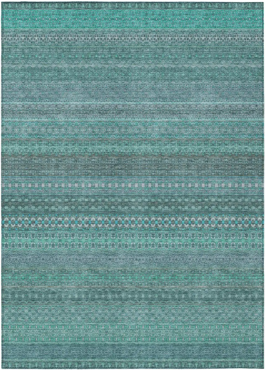 Turquoise Striped Washable Non Skid Indoor Outdoor Area Rug Photo 2