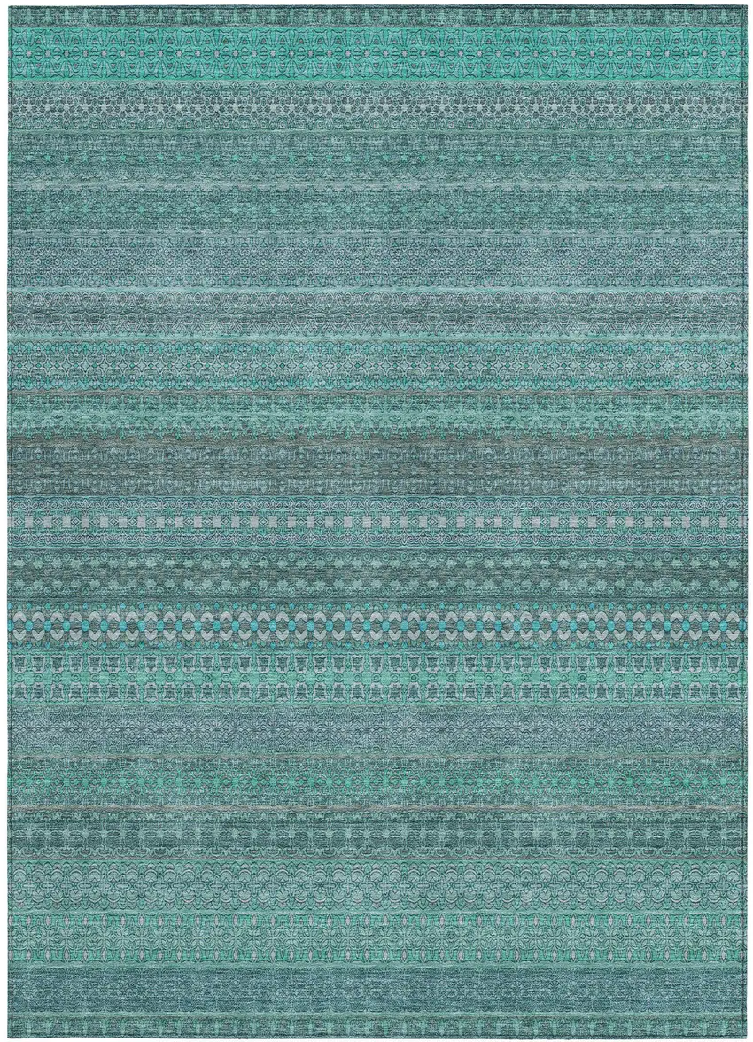 Turquoise Striped Washable Non Skid Indoor Outdoor Area Rug Photo 4