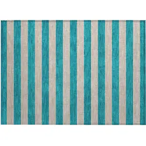 Photo of Turquoise Striped Washable Non Skid Indoor Outdoor Area Rug