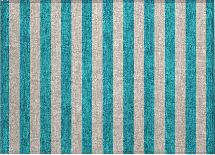 Turquoise Striped Washable Non Skid Indoor Outdoor Area Rug Photo 2