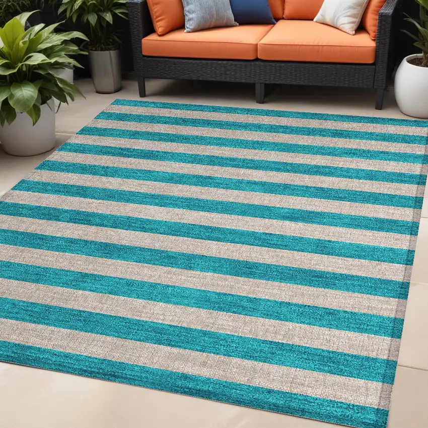 Turquoise Striped Washable Non Skid Indoor Outdoor Area Rug Photo 1