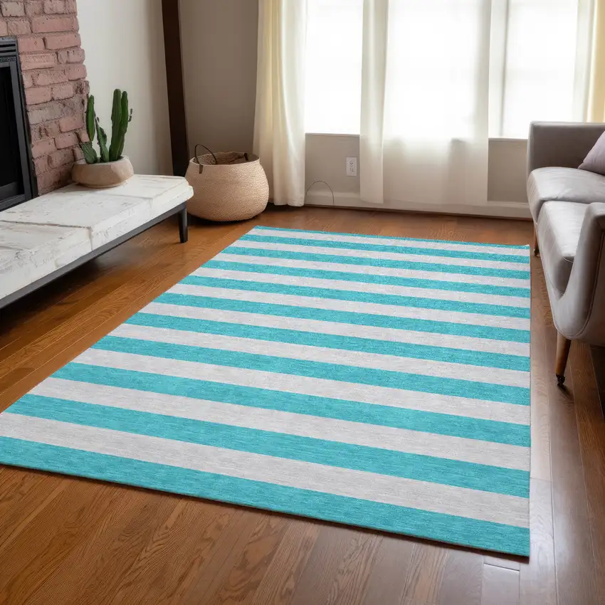 Turquoise Striped Washable Non Skid Indoor Outdoor Area Rug Photo 9