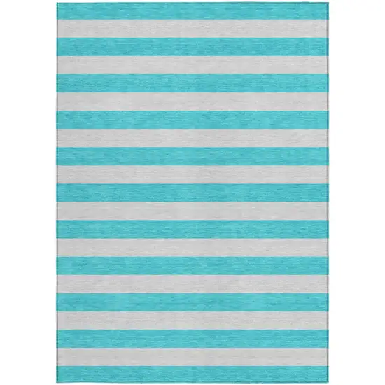 Turquoise Striped Washable Non Skid Indoor Outdoor Area Rug Photo 5