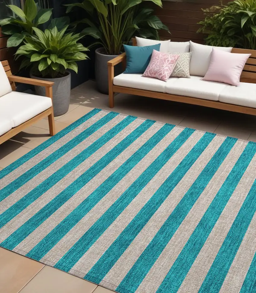 Turquoise Striped Washable Non Skid Indoor Outdoor Area Rug Photo 1