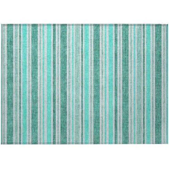 Turquoise Striped Washable Indoor Outdoor Area Rug Photo 4