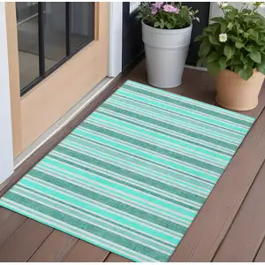 Photo of Turquoise Striped Washable Non Skid Indoor Outdoor Area Rug