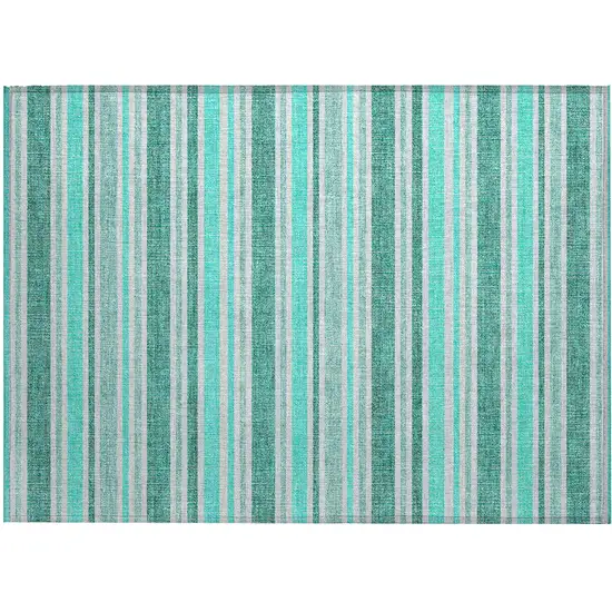 Turquoise Striped Washable Indoor Outdoor Area Rug Photo 2