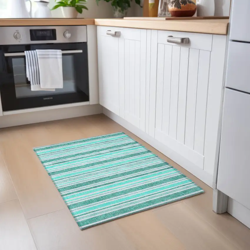 Turquoise Striped Washable Indoor Outdoor Area Rug Photo 8