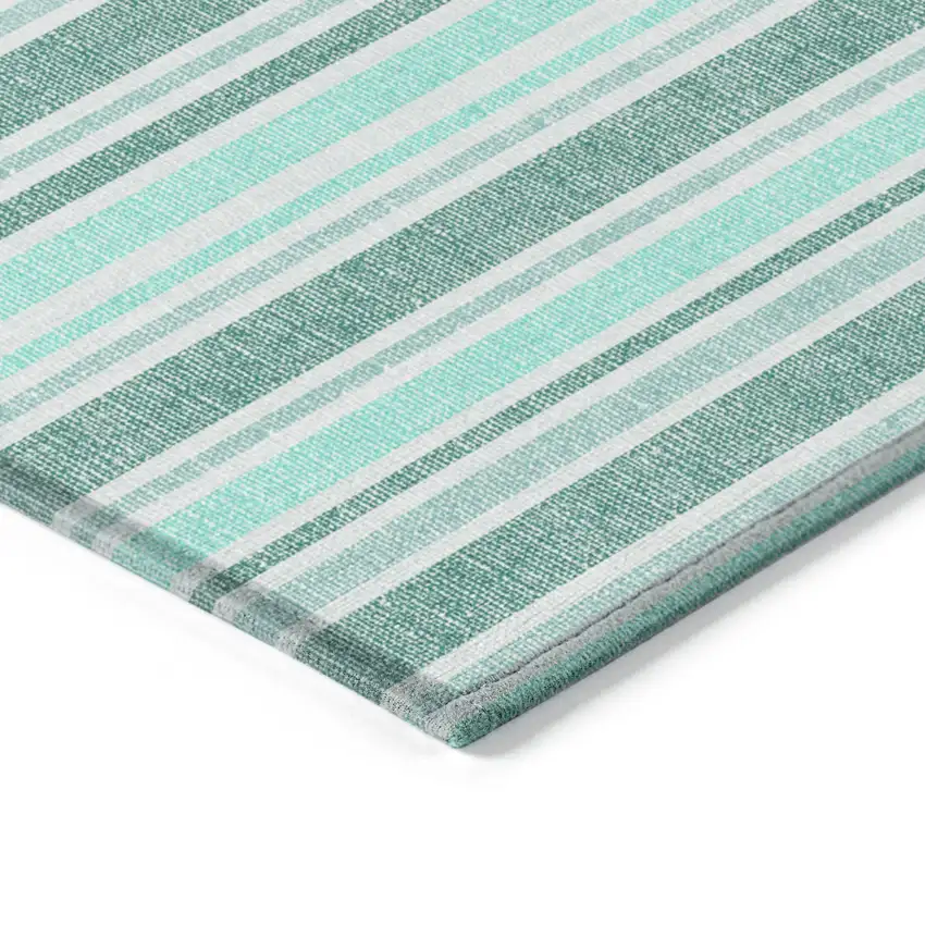 Turquoise Striped Washable Indoor Outdoor Area Rug Photo 4