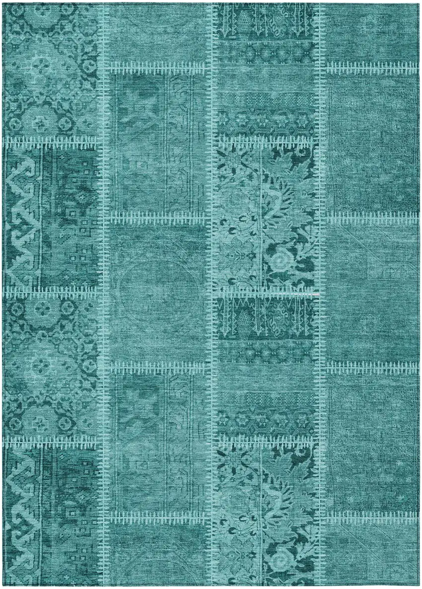 Turquoise Teal Blue And Aqua Patchwork Washable Indoor Outdoor Area Rug Photo 2