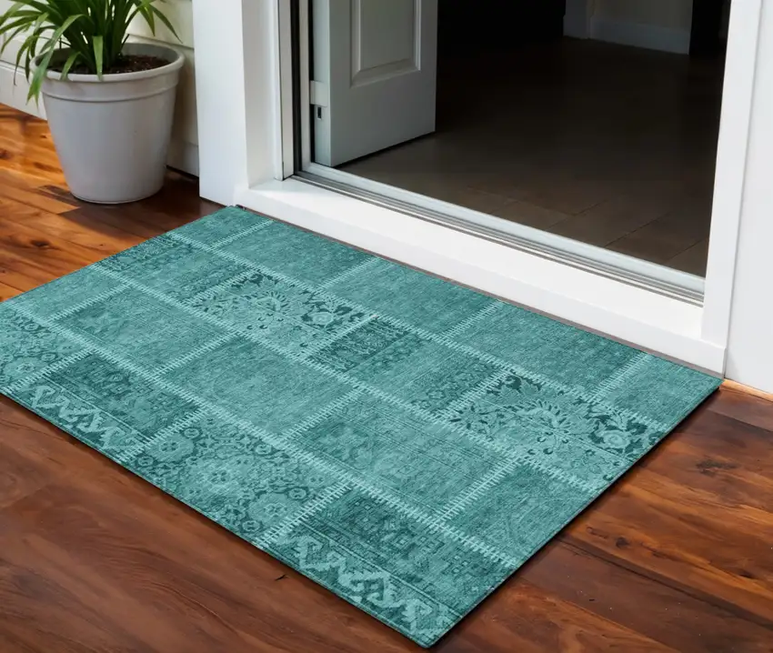 Turquoise Teal Blue And Aqua Patchwork Washable Indoor Outdoor Area Rug Photo 1
