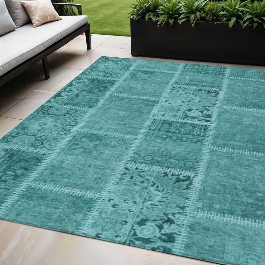 Turquoise Teal Blue And Aqua Patchwork Washable Indoor Outdoor Area Rug Photo 1
