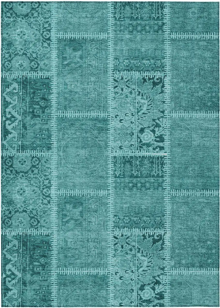 Turquoise Teal Blue And Aqua Patchwork Washable Indoor Outdoor Area Rug Photo 1