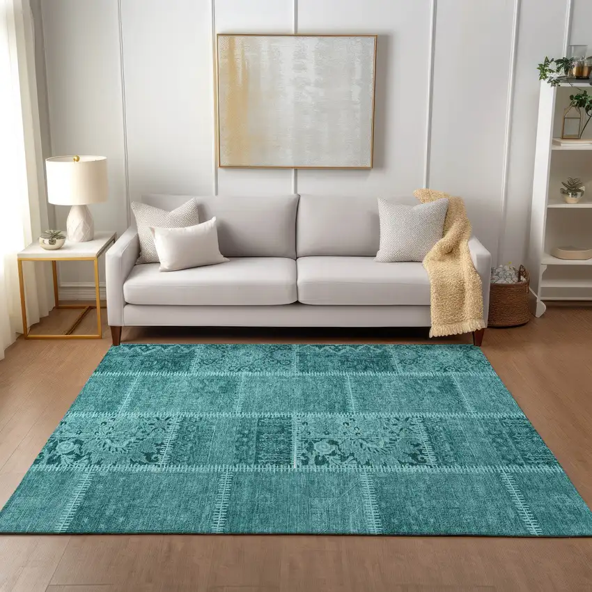 Turquoise Teal Blue And Aqua Patchwork Washable Indoor Outdoor Area Rug Photo 6