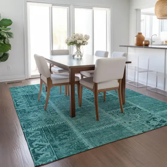 Turquoise Teal Blue And Aqua Patchwork Washable Indoor Outdoor Area Rug Photo 7