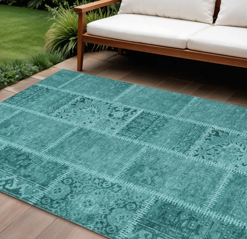 Turquoise Teal Blue And Aqua Patchwork Washable Indoor Outdoor Area Rug Photo 1