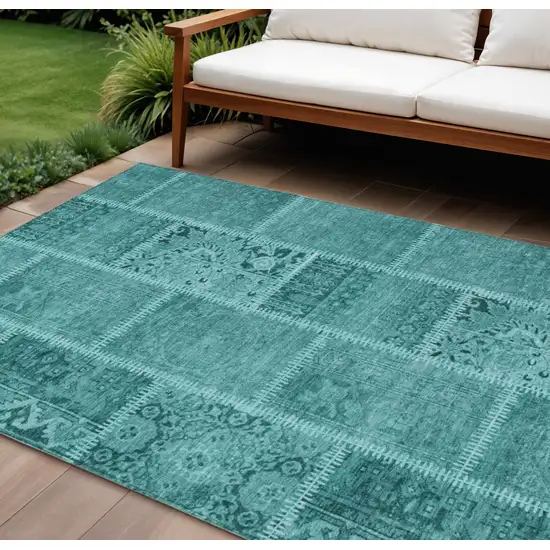 Turquoise Teal Blue And Aqua Patchwork Washable Indoor Outdoor Area Rug Photo 1