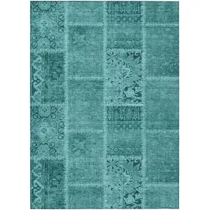 Photo of Turquoise Teal Blue And Aqua Patchwork Washable Indoor Outdoor Area Rug